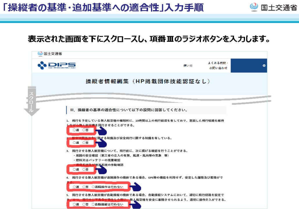 操縦者の基準の適合性についての部分を回答していく